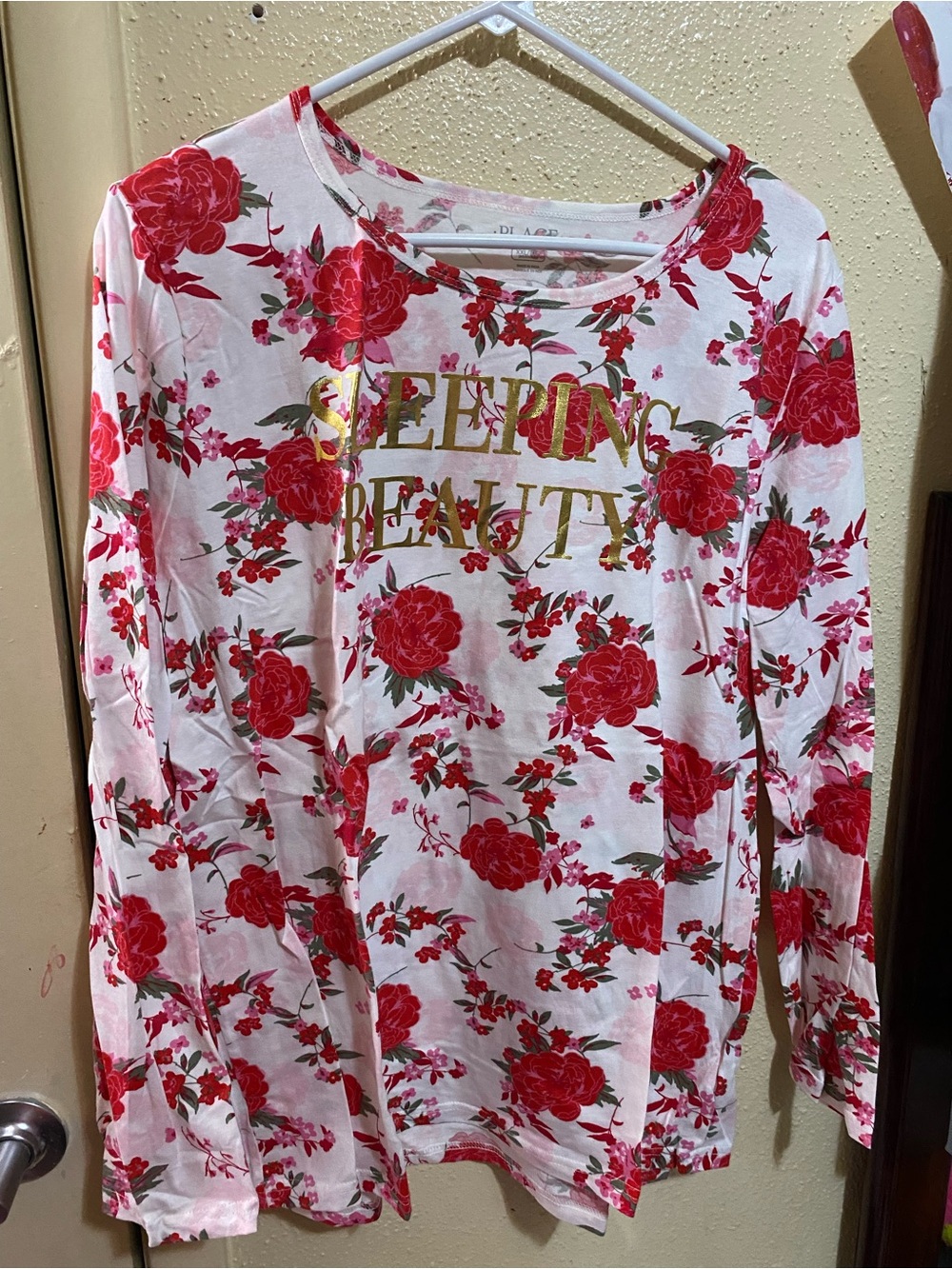 The Children's Place White Long-Sleeve Floral Top with Red Roses and Gold Foil